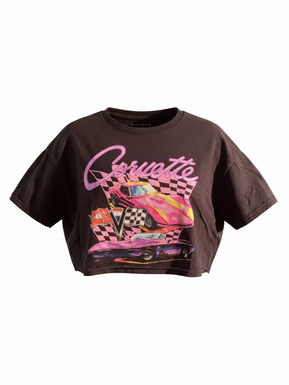 Chemistry Black Crop Tee with Pink and Yellow Corvette Graphic